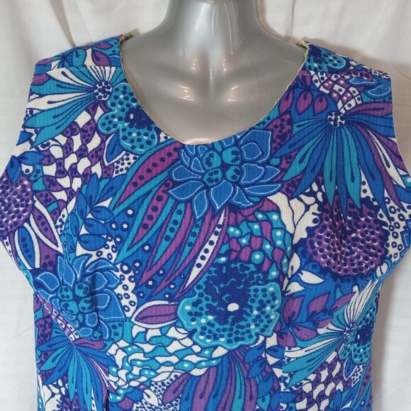 1960s Vintage Blue Purple Tropical Flower Power XL Shift Dress Handmade - Picture 3 of 12